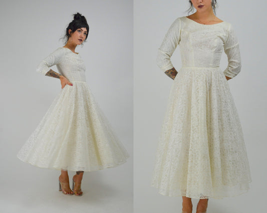 XS 1950 Wedding Dress Vintage White Lace 50s Prom Dress Mid Length Sleeves Mid Century Bride