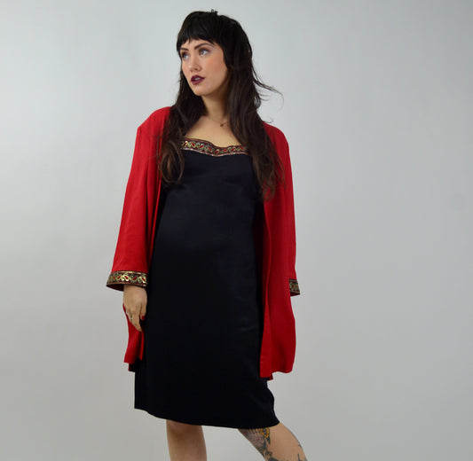 LARGE 1990s Two Piece Set Vintage Little Black Dress with Matching Jacket 90s Black and Red Outfit