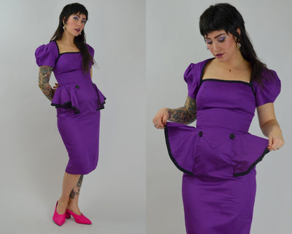 SMALL 1990s Purple Peplum Dress Vintage 90s Cut Out Back Valentines Day Dress 1940s Style