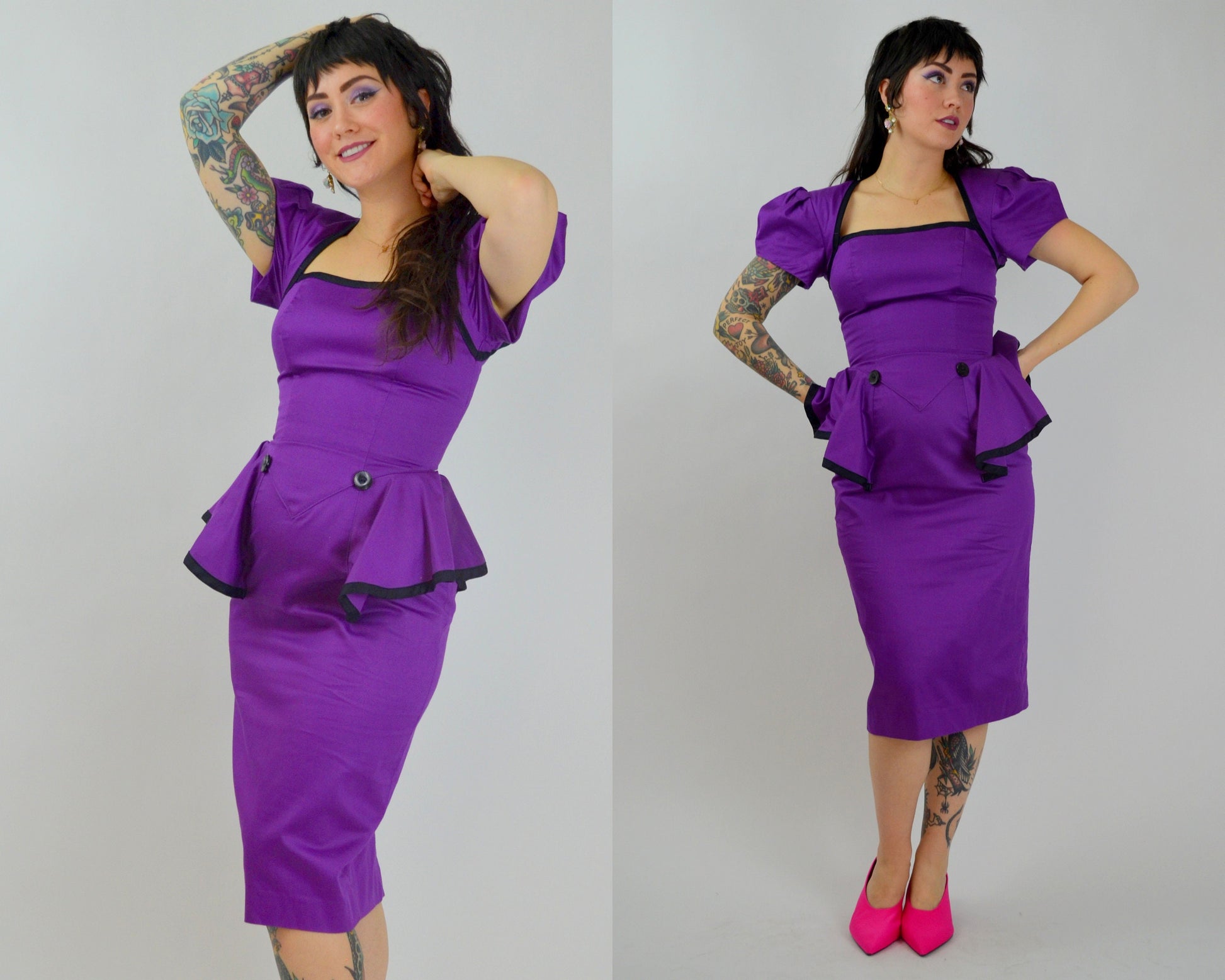 SMALL 1990s Purple Peplum Dress Vintage 90s Cut Out Back Valentines Day Dress 1940s Style