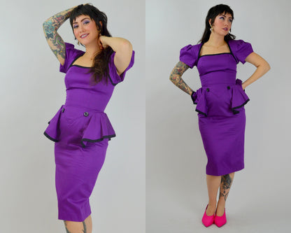SMALL 1990s Purple Peplum Dress Vintage 90s Cut Out Back Valentines Day Dress 1940s Style