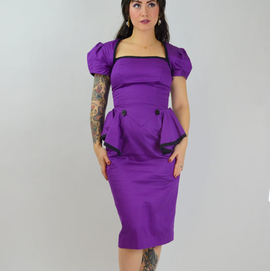 SMALL 1990s Purple Peplum Dress Vintage 90s Cut Out Back Valentines Day Dress 1940s Style