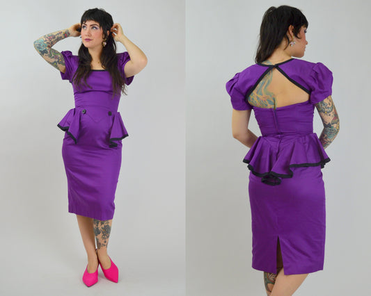 SMALL 1990s Purple Peplum Dress Vintage 90s Cut Out Back Valentines Day Dress 1940s Style