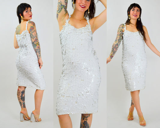 MEDIUM 1960s GENE SHELLY Wiggle Dress Vintage White Paillettes 60s Mod Shimmy Dress Gene Shelly Boutique International Sequin Dress