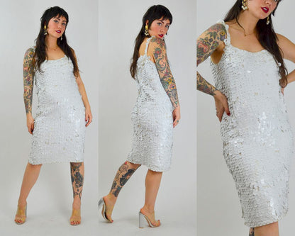 MEDIUM 1960s GENE SHELLY Wiggle Dress Vintage White Paillettes 60s Mod Shimmy Dress Gene Shelly Boutique International Sequin Dress