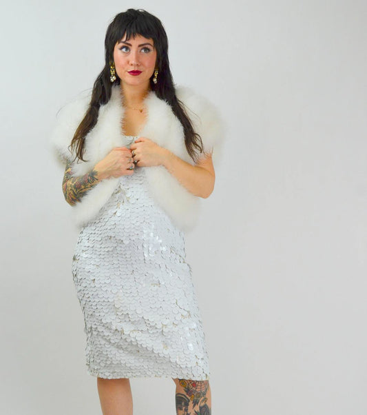 MEDIUM 1960s GENE SHELLY Wiggle Dress Vintage White Paillettes 60s Mod Shimmy Dress Gene Shelly Boutique International Sequin Dress