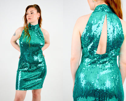 MEDIUM 1980s Sequin Fitted Mini Dress Vintage Backless Green Party Dress 80s High Collar