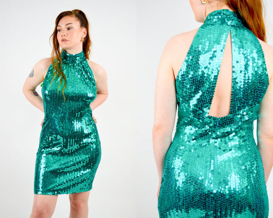 MEDIUM 1980s Sequin Fitted Mini Dress Vintage Backless Green Party Dress 80s High Collar