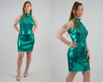 MEDIUM 1980s Sequin Fitted Mini Dress Vintage Backless Green Party Dress 80s High Collar