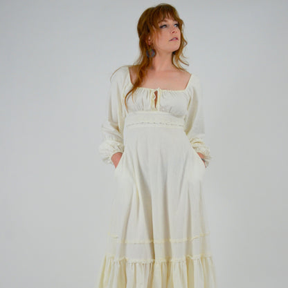 1970s GUNNE SAX White Cotton Maxi Dress - XS