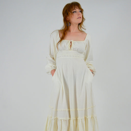 1970s GUNNE SAX White Cotton Maxi Dress - XS