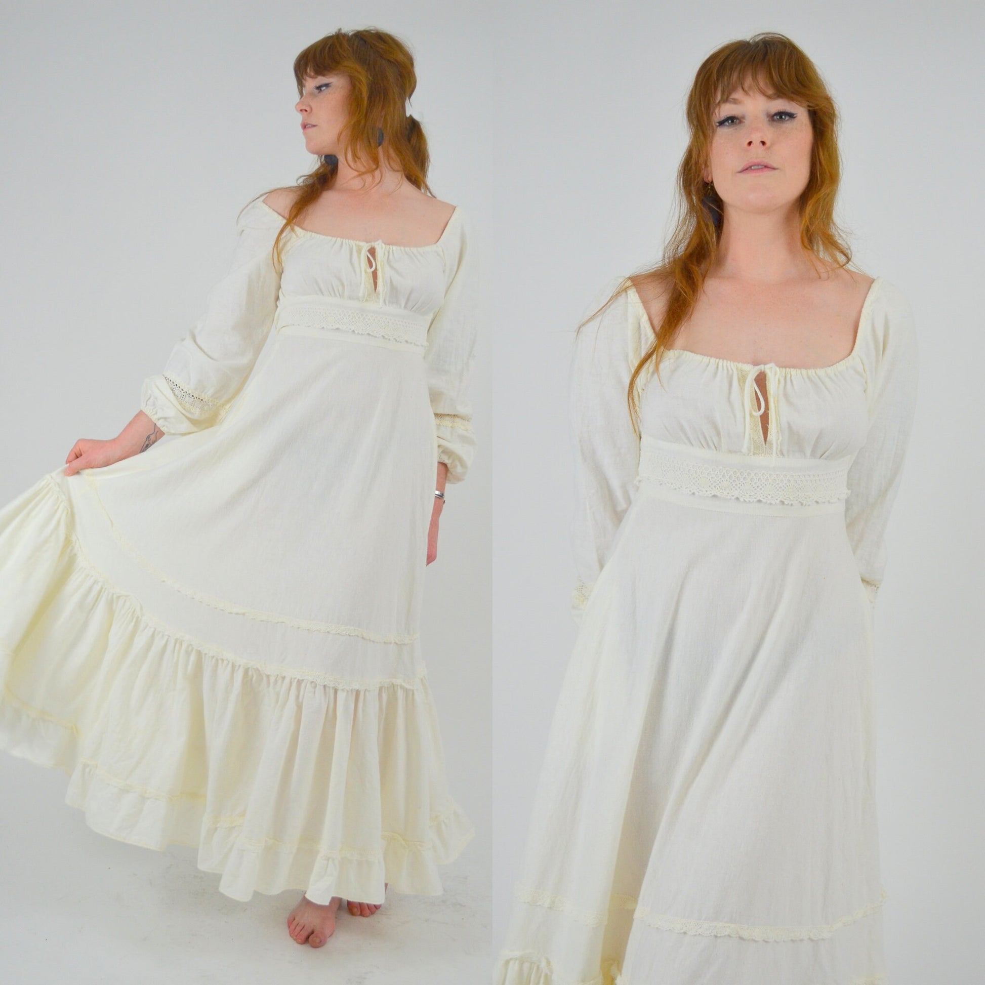 1970s GUNNE SAX White Cotton Maxi Dress - XS