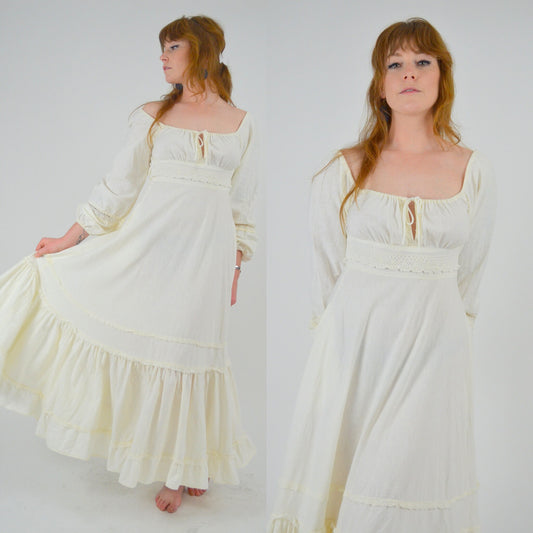 1970s GUNNE SAX White Cotton Maxi Dress - XS