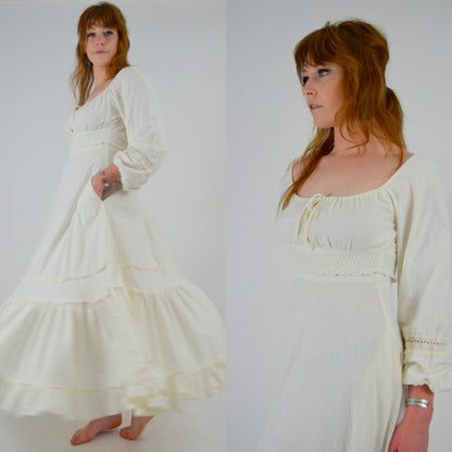 1970s GUNNE SAX White Cotton Maxi Dress - XS