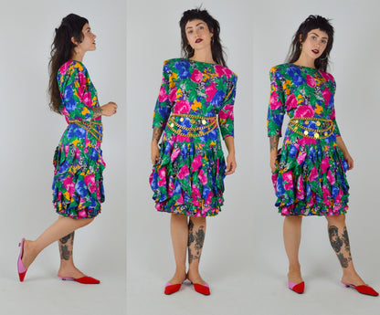 1990s Dress | Small | Vintage SILK Floral Dress 90s Preppy Drop Waist Ruffle Skirt