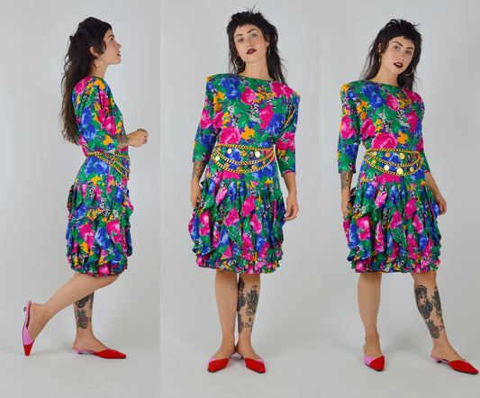 1990s Dress | Small | Vintage SILK Floral Dress 90s Preppy Drop Waist Ruffle Skirt