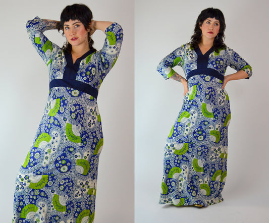 SMALL / MEDIUM 1970s Vintage Fan Print Novelty Dress