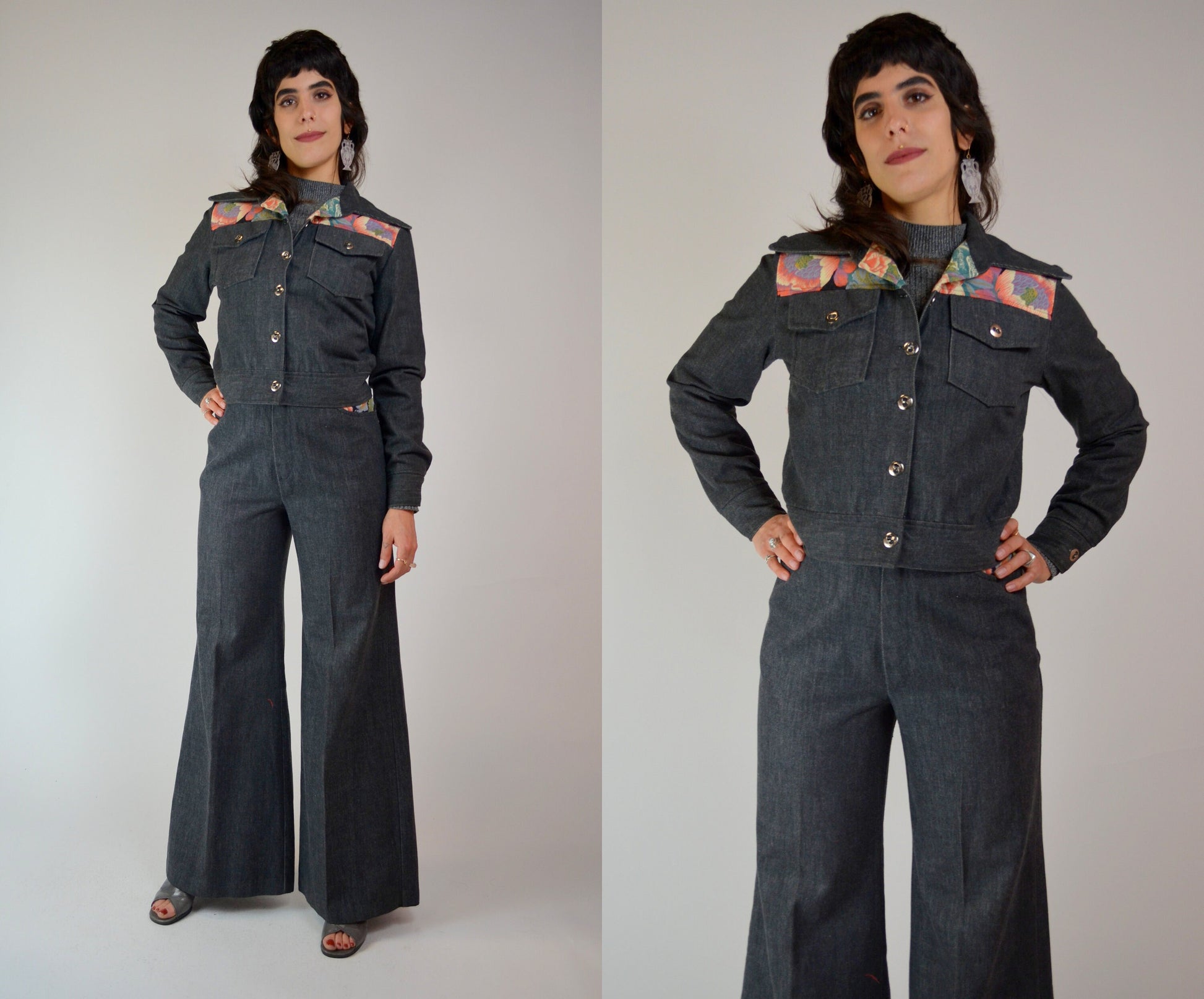 XS 1970s Denim 2 Piece Set Vintage Floral Bell Bottoms