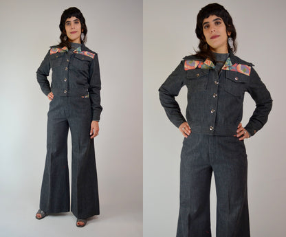 XS 1970s Denim 2 Piece Set Vintage Floral Bell Bottoms