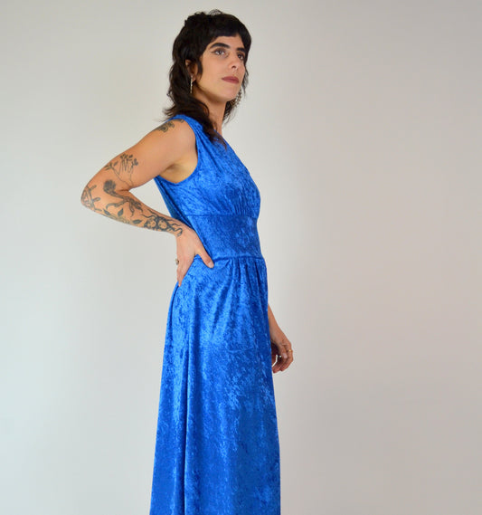 S-M 1970s One Shoulder Blue VELVET Maxi Asymmetrical Maxi Dress