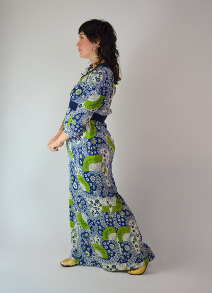 SMALL / MEDIUM 1970s Vintage Fan Print Novelty Dress