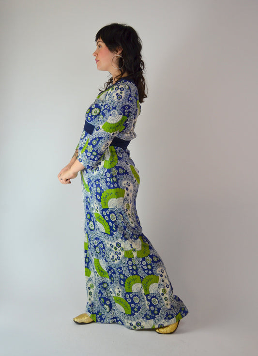 SMALL / MEDIUM 1970s Vintage Fan Print Novelty Dress