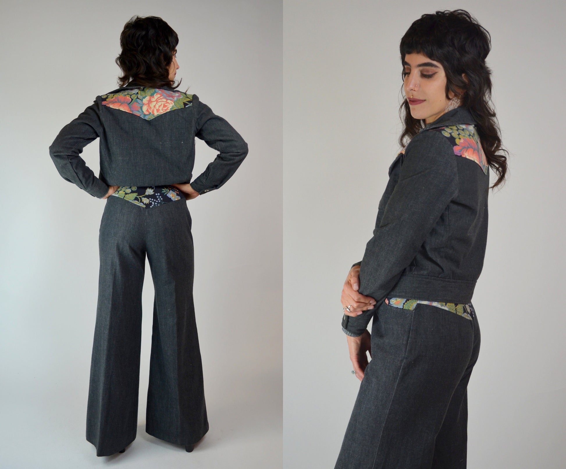 XS 1970s Denim 2 Piece Set Vintage Floral Bell Bottoms