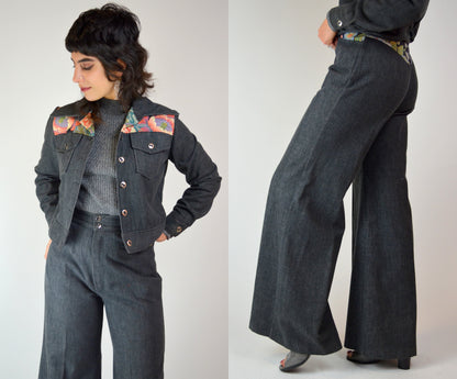 XS 1970s Denim 2 Piece Set Vintage Floral Bell Bottoms