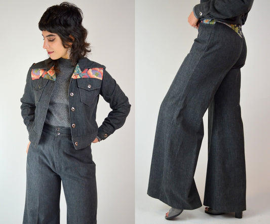 XS 1970s Denim 2 Piece Set Vintage Floral Bell Bottoms