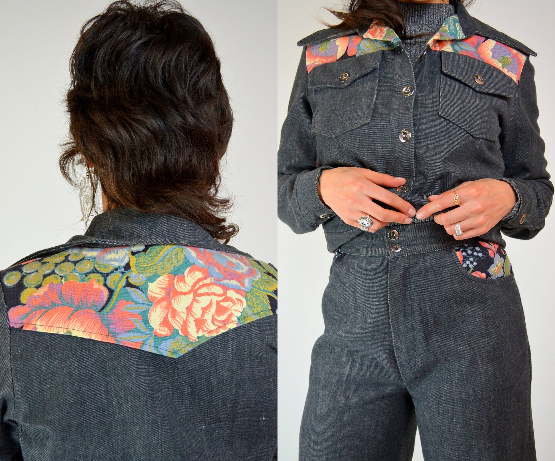 XS 1970s Denim 2 Piece Set Vintage Floral Bell Bottoms
