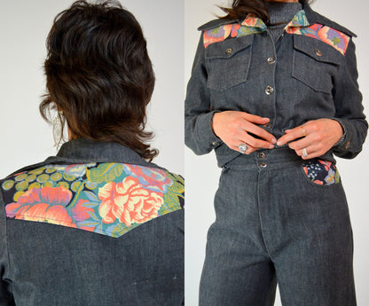 XS 1970s Denim 2 Piece Set Vintage Floral Bell Bottoms
