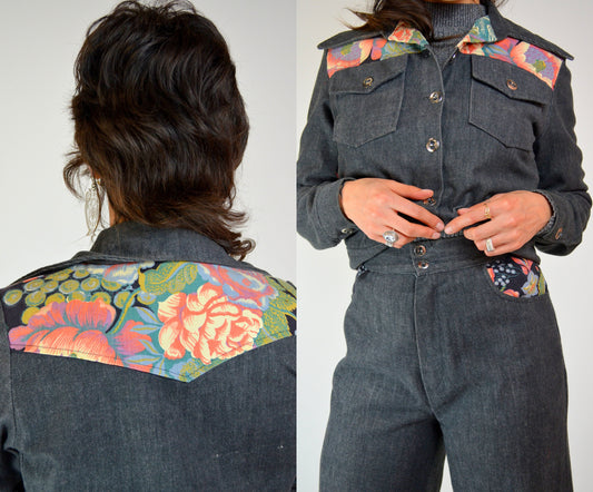 XS 1970s Denim 2 Piece Set Vintage Floral Bell Bottoms
