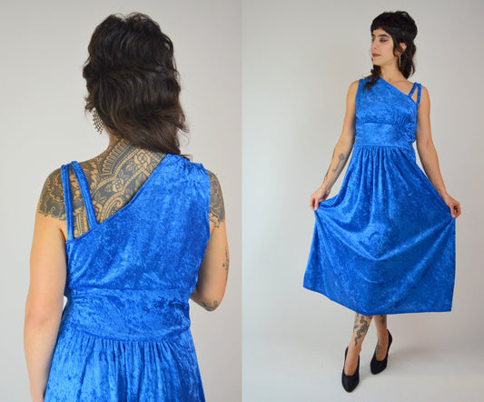 S-M 1970s One Shoulder Blue VELVET Maxi Asymmetrical Maxi Dress