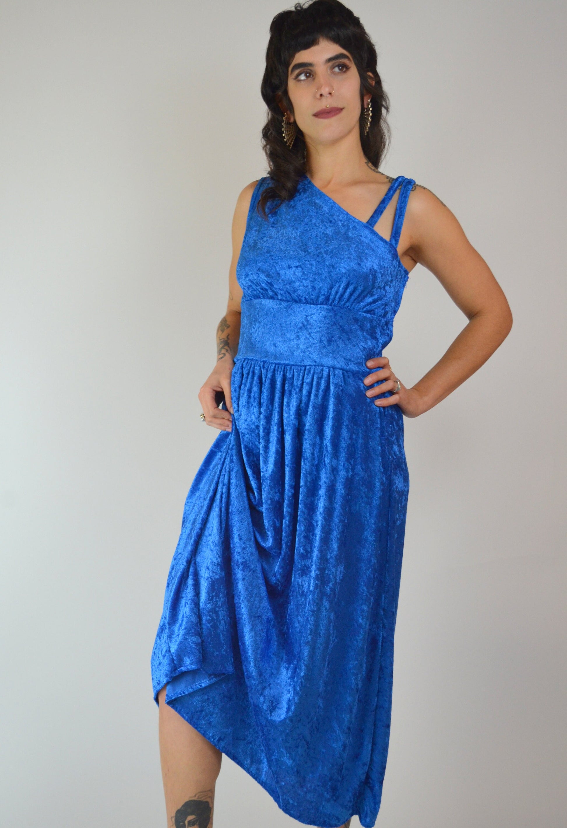 S-M 1970s One Shoulder Blue VELVET Maxi Asymmetrical Maxi Dress