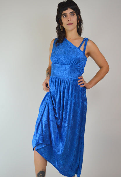 S-M 1970s One Shoulder Blue VELVET Maxi Asymmetrical Maxi Dress
