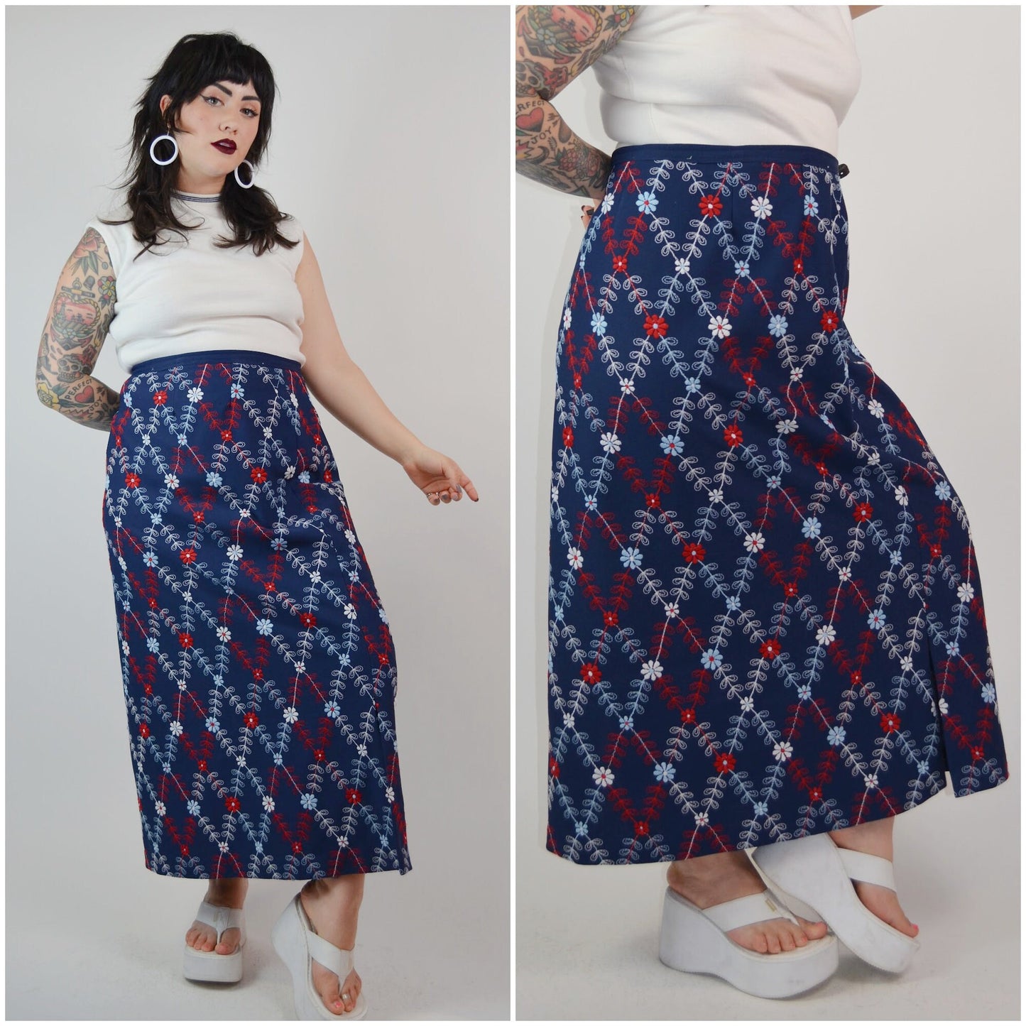 XL- 1960s Embroidered Daisy long Skirt