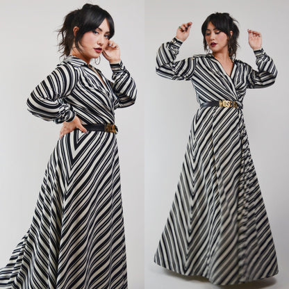 1970s ESTAVEZ - Eva Gabor Long Stripe Maxi Dress - Medium