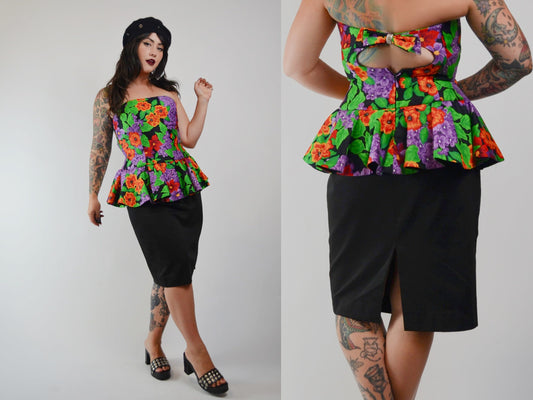 1990s Floral Strapless Dress Vintage AJ BARI Party Dress - MEDIUM