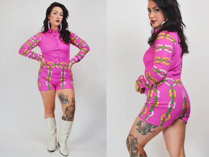1970s Hot Pink Vintage Romper Hot Pants The Swank Shop - Medium