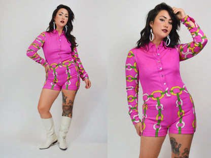 1970s Hot Pink Vintage Romper Hot Pants The Swank Shop - Medium