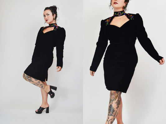 1980s Velvet Jewel Cut Out Dress - Medium