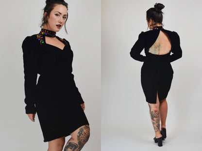 1980s Velvet Jewel Cut Out Dress - Medium