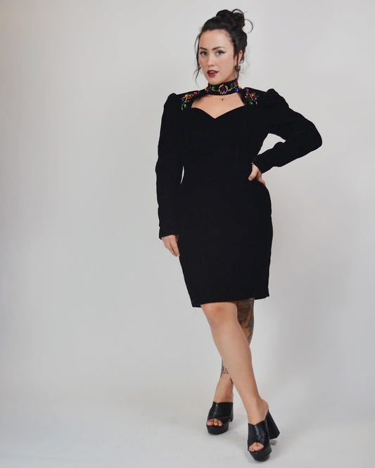 1980s Velvet Jewel Cut Out Dress - Medium