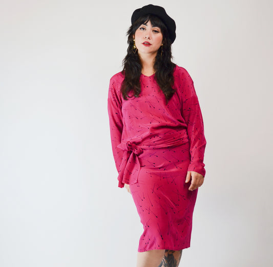 1990s Silk Pink Dress Matchstick Pattern - Small