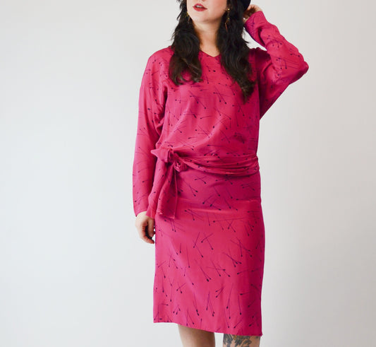 1990s Silk Pink Dress Matchstick Pattern - Small