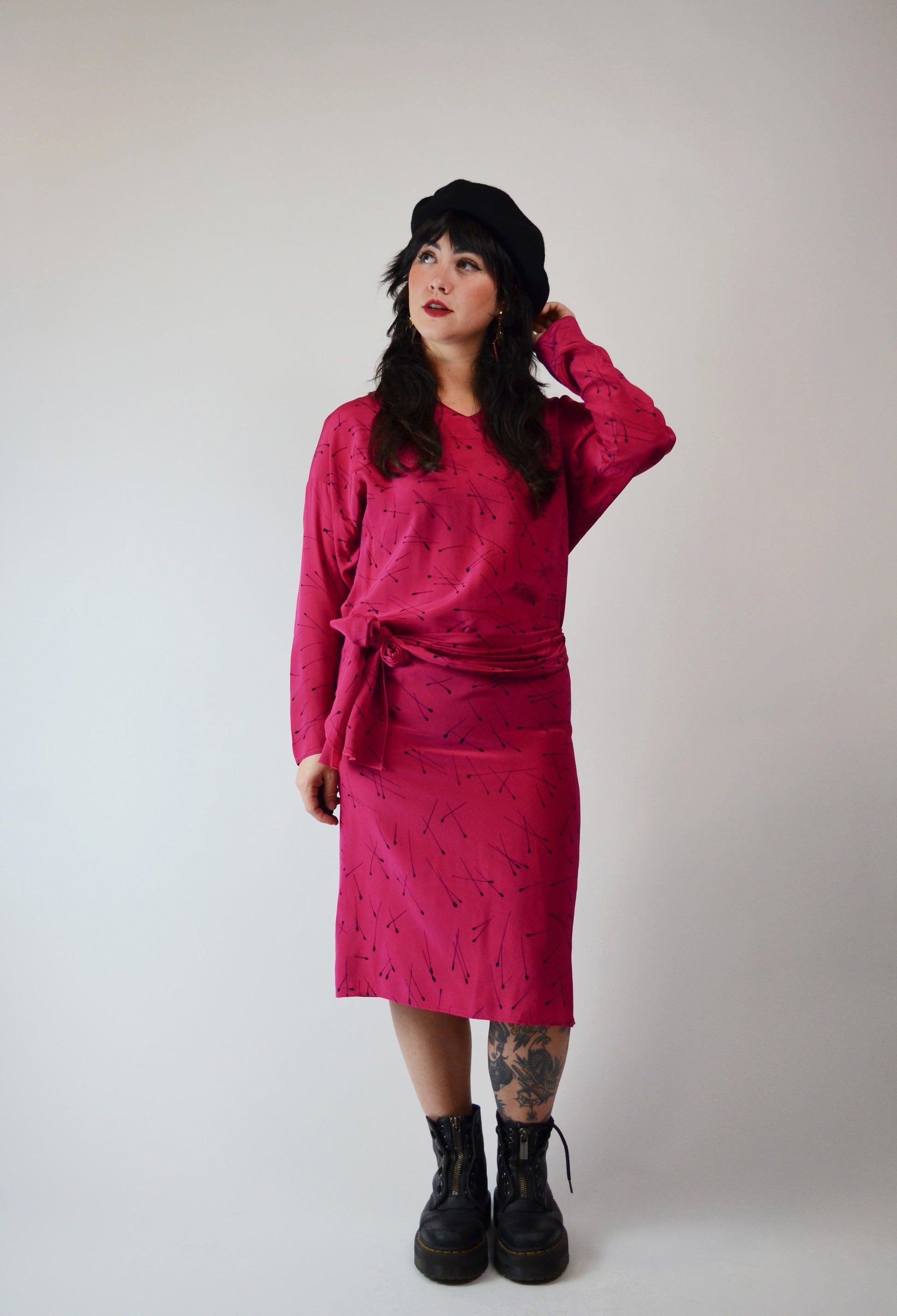1990s Silk Pink Dress Matchstick Pattern - Small