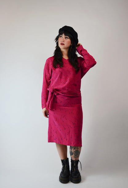 1990s Silk Pink Dress Matchstick Pattern - Small